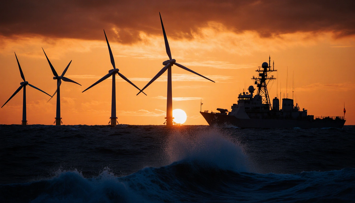 Wind turbines standing still with navy ship hull waves below and radar antenna rising beyond sunset sky
