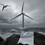 Ghostly wind turbine stands still on rocks with a scattered letter and a soaring seagull against a grey sky