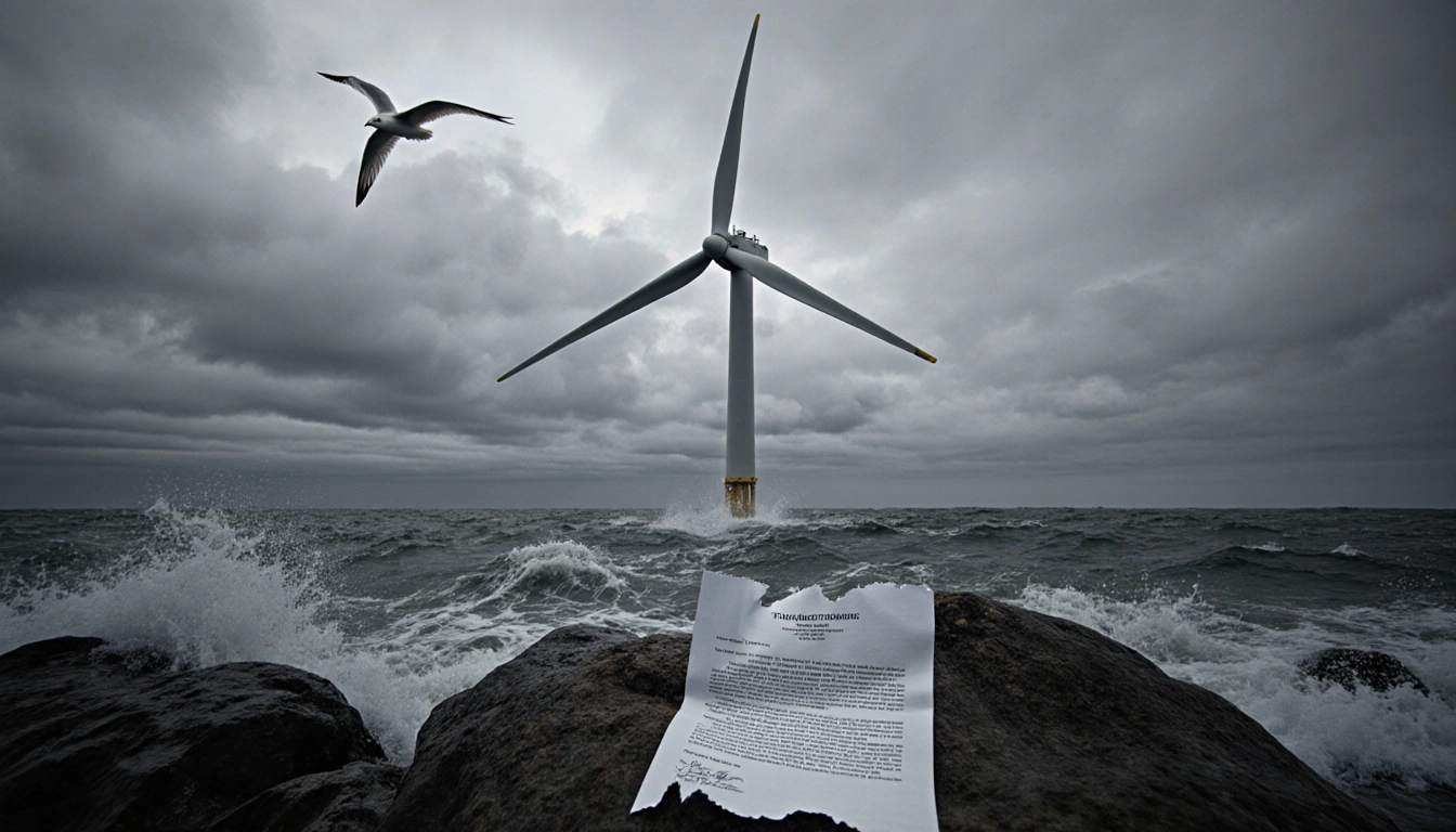 Ghostly wind turbine stands still on rocks with a scattered letter and a soaring seagull against a grey sky