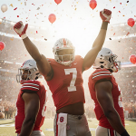 Three Ohio State football players raise arms as Big Ten champions with confetti and a cheering crowd in the background
