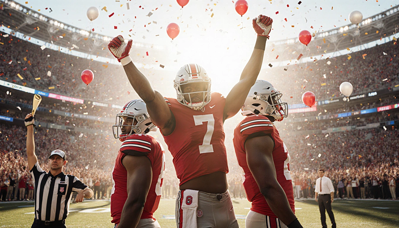 Three Ohio State football players raise arms as Big Ten champions with confetti and a cheering crowd in the background