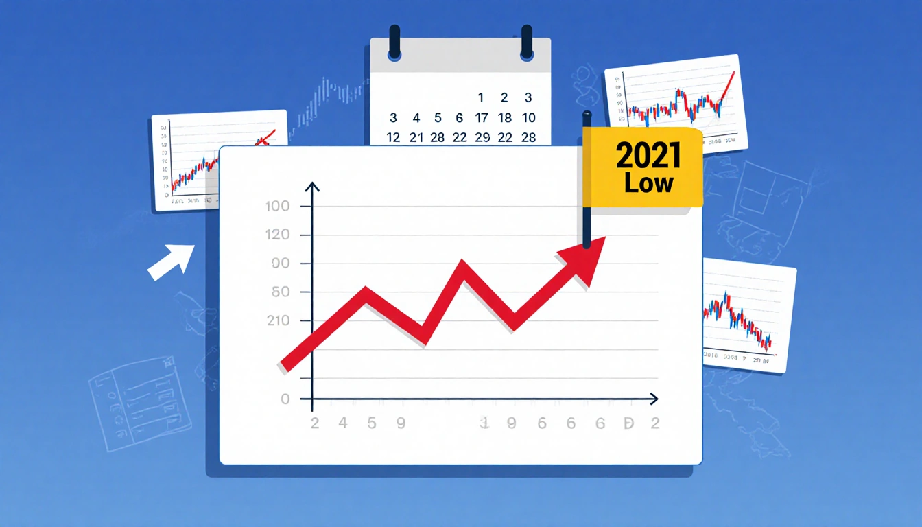 Oil chart with steep red line dropping to 2021 low flag and faded calendar arrow back to 2021.