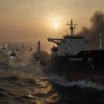 Oil tanker cracking open in dark mist with fleeing vessels and golden sunset light.