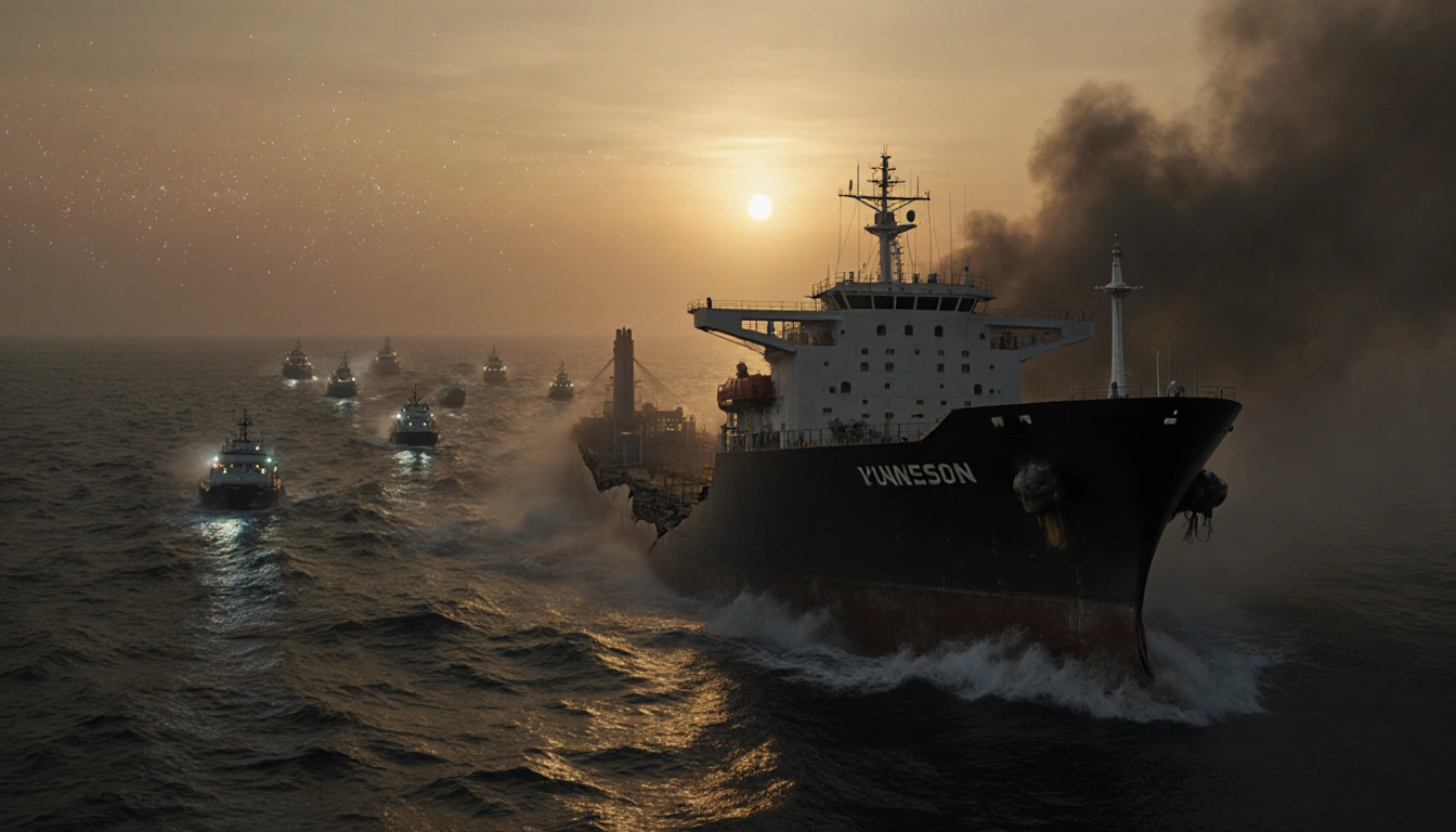 Oil tanker cracking open in dark mist with fleeing vessels and golden sunset light.