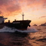Oil tanker Centuries rocks against crashing waves with a sunset sky and distant Venezuelan coast
