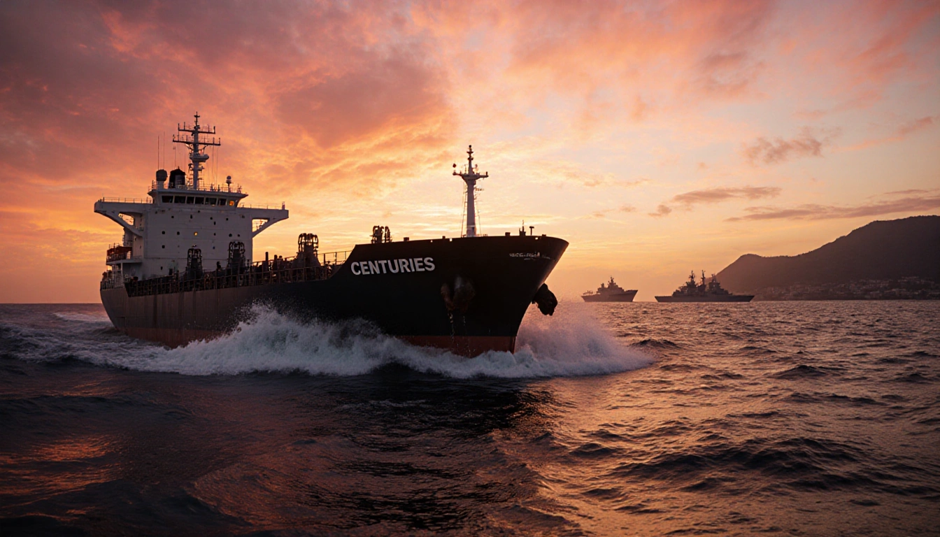 Oil tanker Centuries rocks against crashing waves with a sunset sky and distant Venezuelan coast