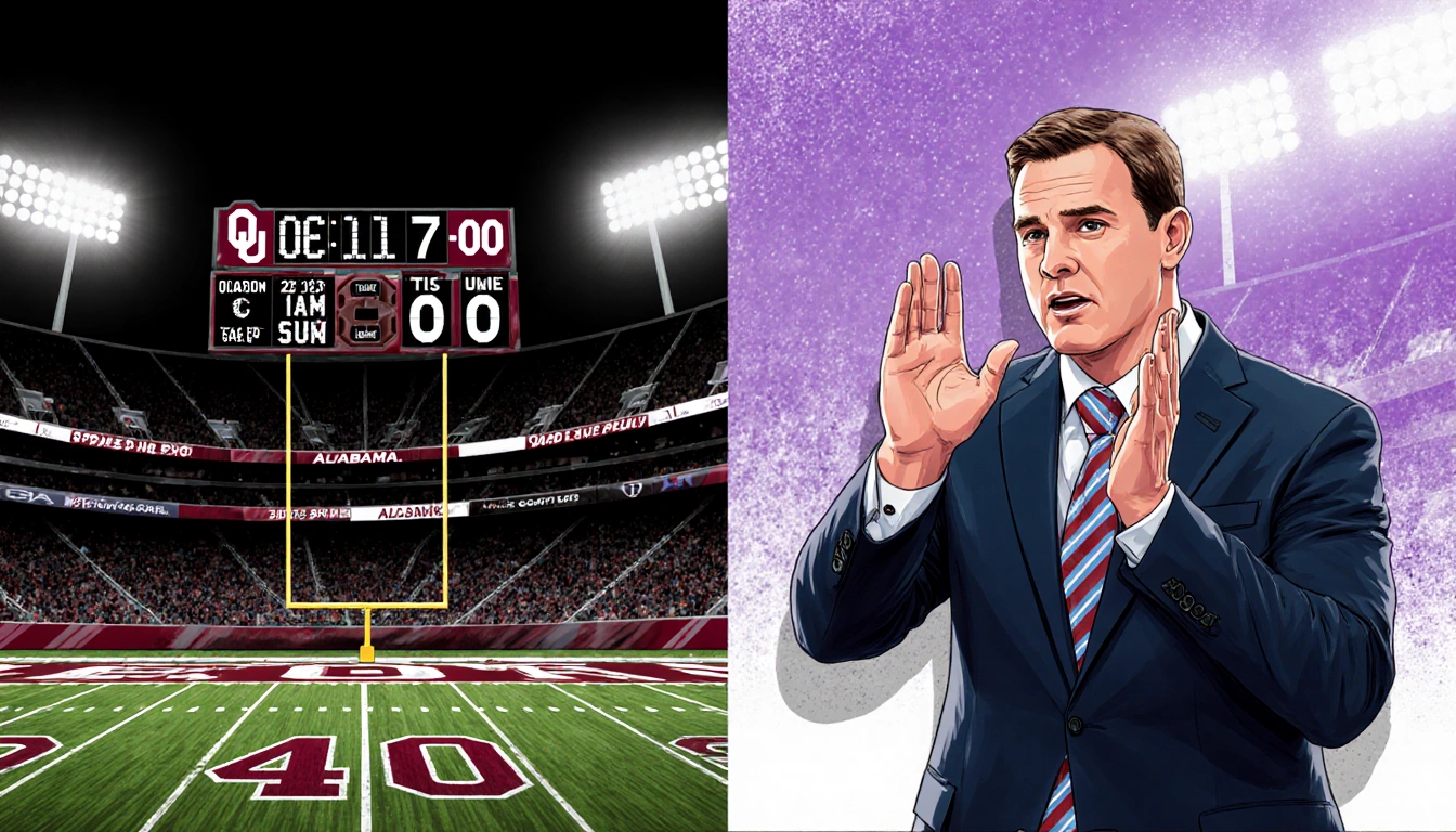 Coach Kalen DeBoer clapping back at critics with Oklahoma score 17-0 under dynamic lighting split football fields