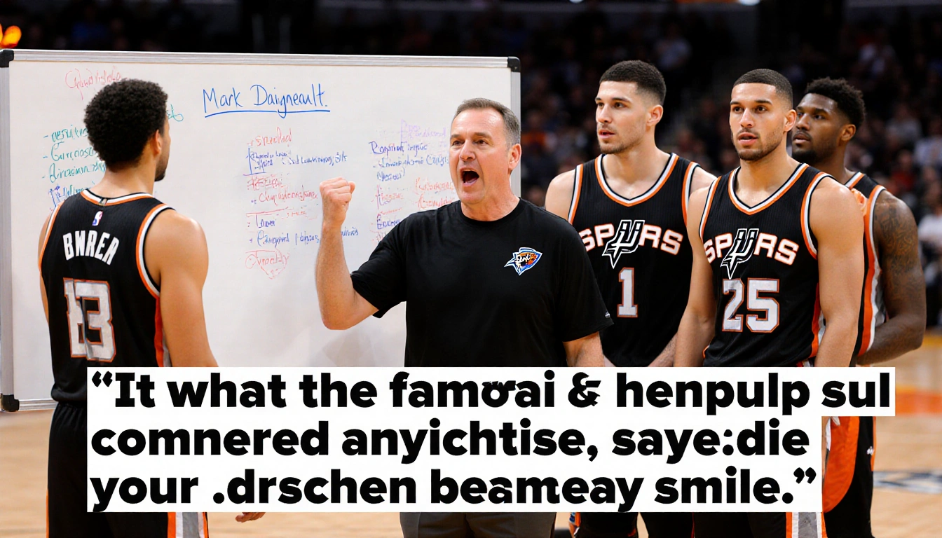 Mark Daigneault coaching with whiteboard full of game notes and players in black orange jerseys with Spurs logo