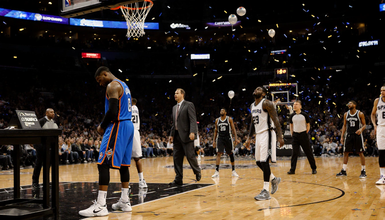 Thunder basketball player dejected beside scoreboard with coach pacing Spurs players in background and confetti on floor