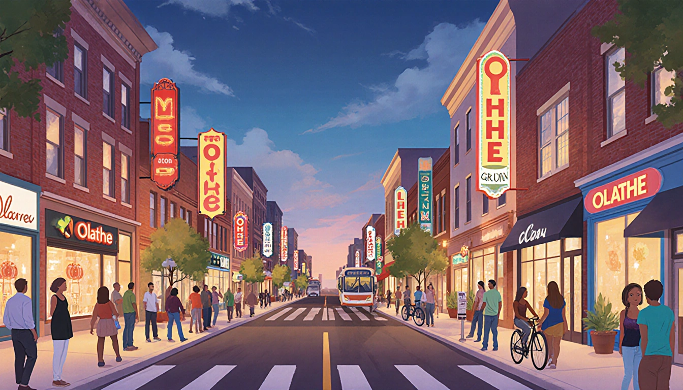 Tourists strolling through Olathe downtown street with colorful storefronts warm lighting diverse crowds and community growth