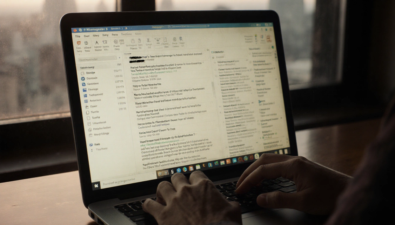 Old laptop showing mixed news and personal emails with soft warm lighting and a distant cityscape.