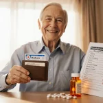 Smiling older adult holds wallet showing Medicare card prescription bottle beside chart with 50 percent savings in sunlight.