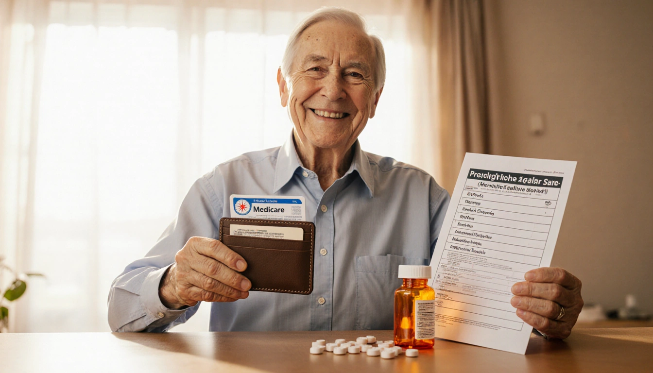 Smiling older adult holds wallet showing Medicare card prescription bottle beside chart with 50 percent savings in sunlight.