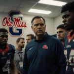 Ole Miss defenders gather around their coach with a warm locker room glow and a blurred Georgia Bulldogs logo in the backgrou