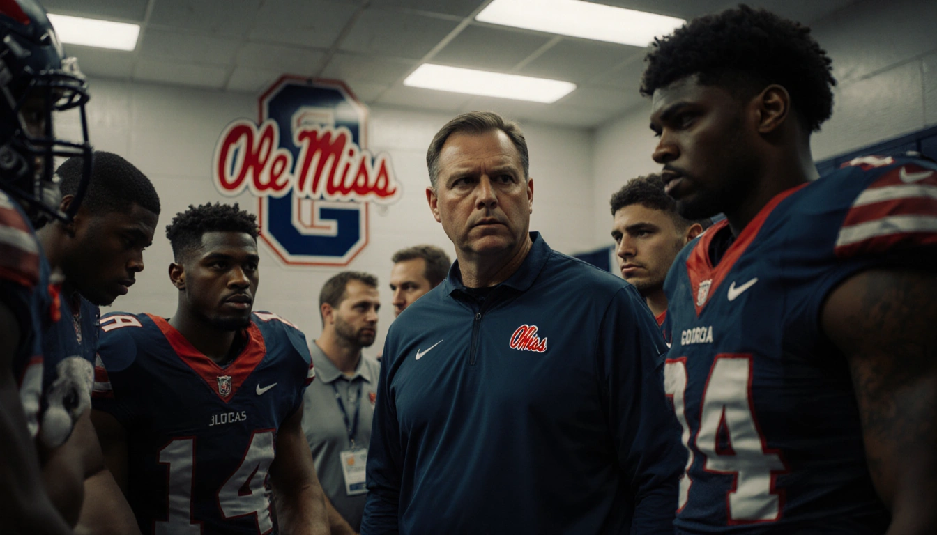 Ole Miss defenders gather around their coach with a warm locker room glow and a blurred Georgia Bulldogs logo in the backgrou