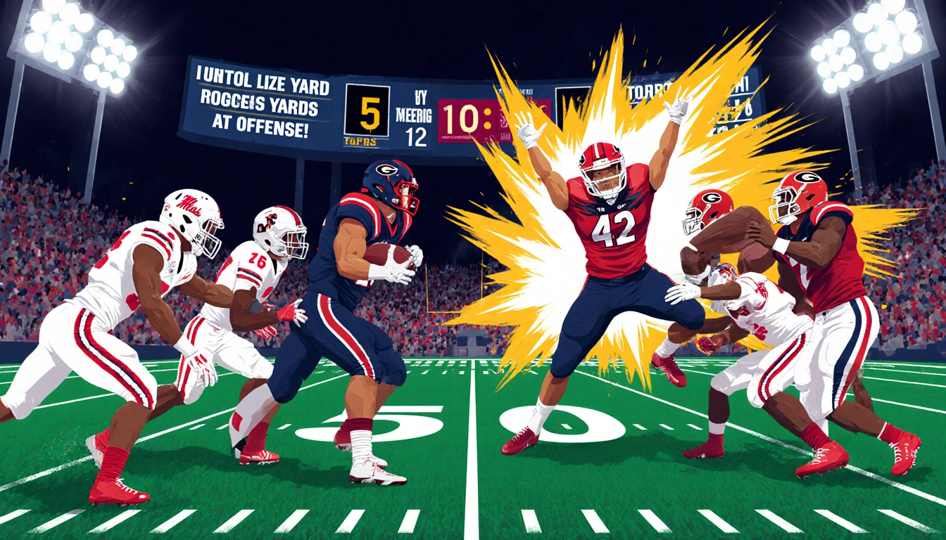 Ole Miss defenders lunging with arms raised against Georgia players with 510-yard scoreboard and fourth quarter clock