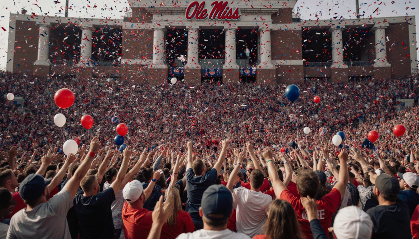 Fans cheering wildly with confetti and balloons in Vaught-Hemingway Stadium Ole Miss columns and brick façade showing victory