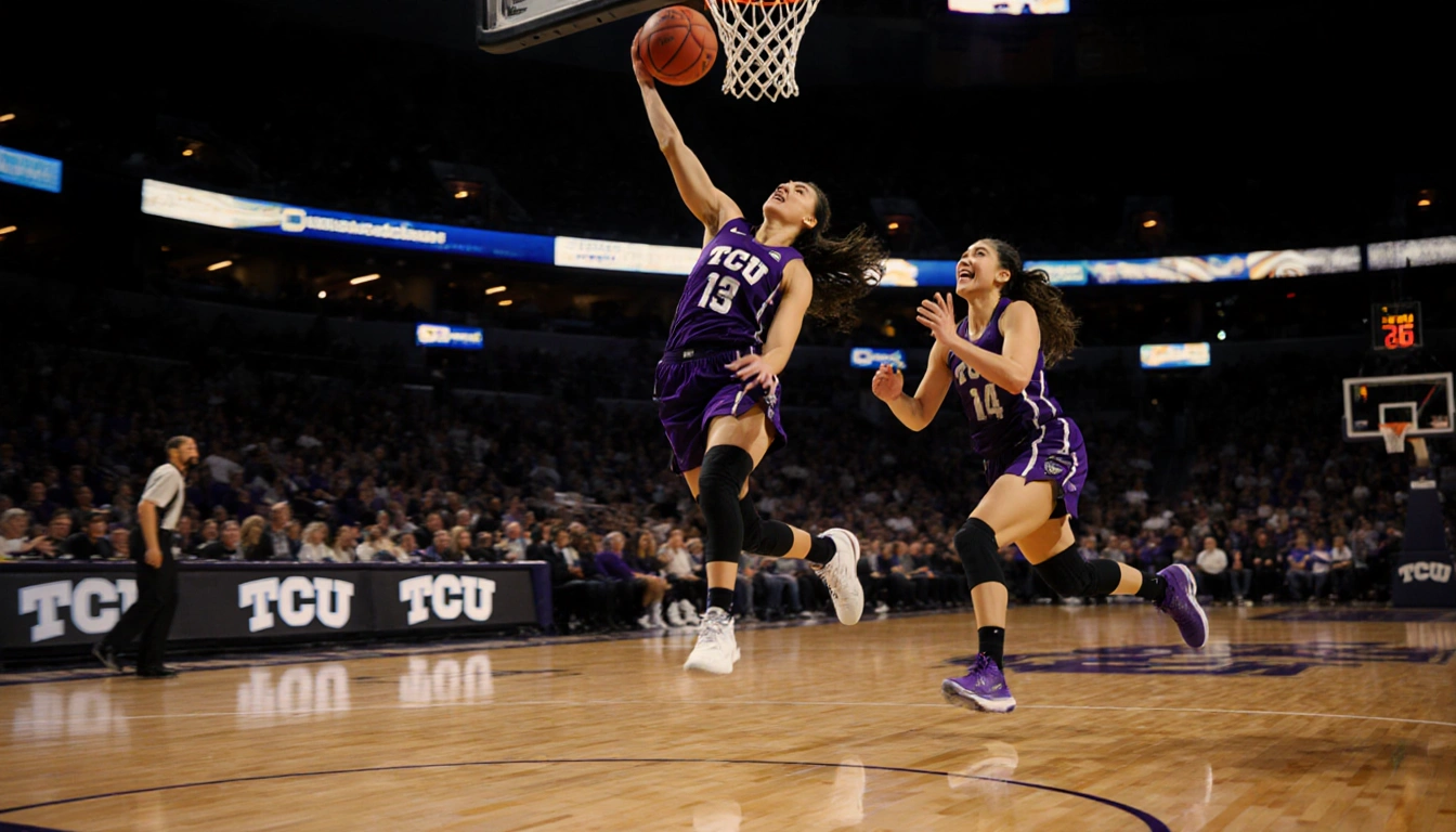 Olivia Miles driving to basketball hoop with Marta Suarez cheering from sidelines and golden light spills hardwood in TCU are