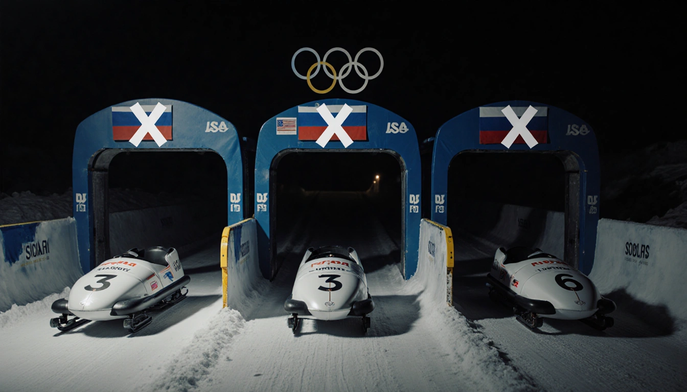 Three Russian luge sleds lying abandoned at gates with flags and X marks on crest on dim Olympic Lake Placid track