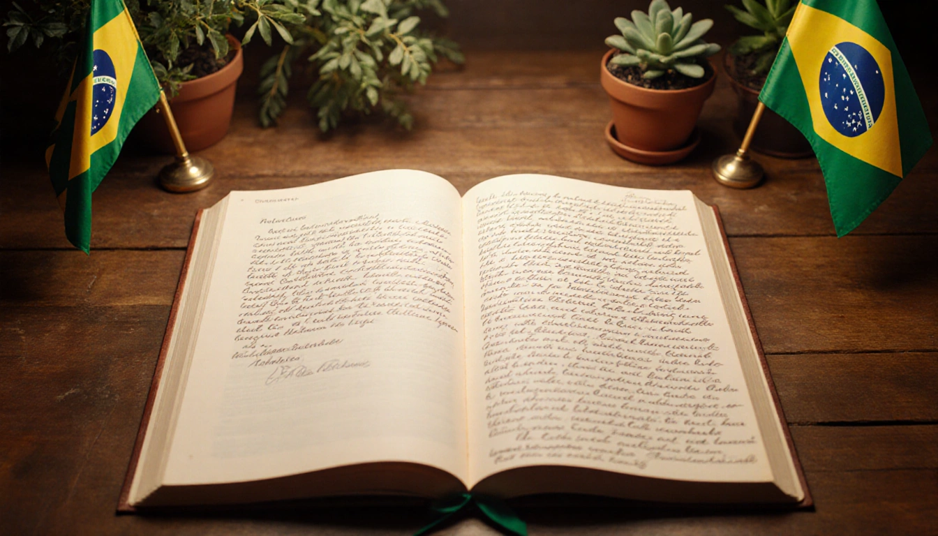 Open book sits on wooden desk with handwritten letter in background, surrounded by Brazilian flags and plants.