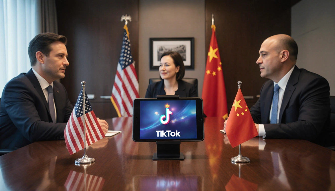 Three business leaders discussing strategy with TikTok app on a tablet stand in a modern conference room.