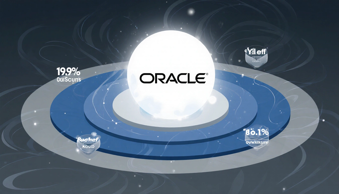 Oracle orb glowing with ByteDance logo surrounded by concentric circles and data flow in muted tones