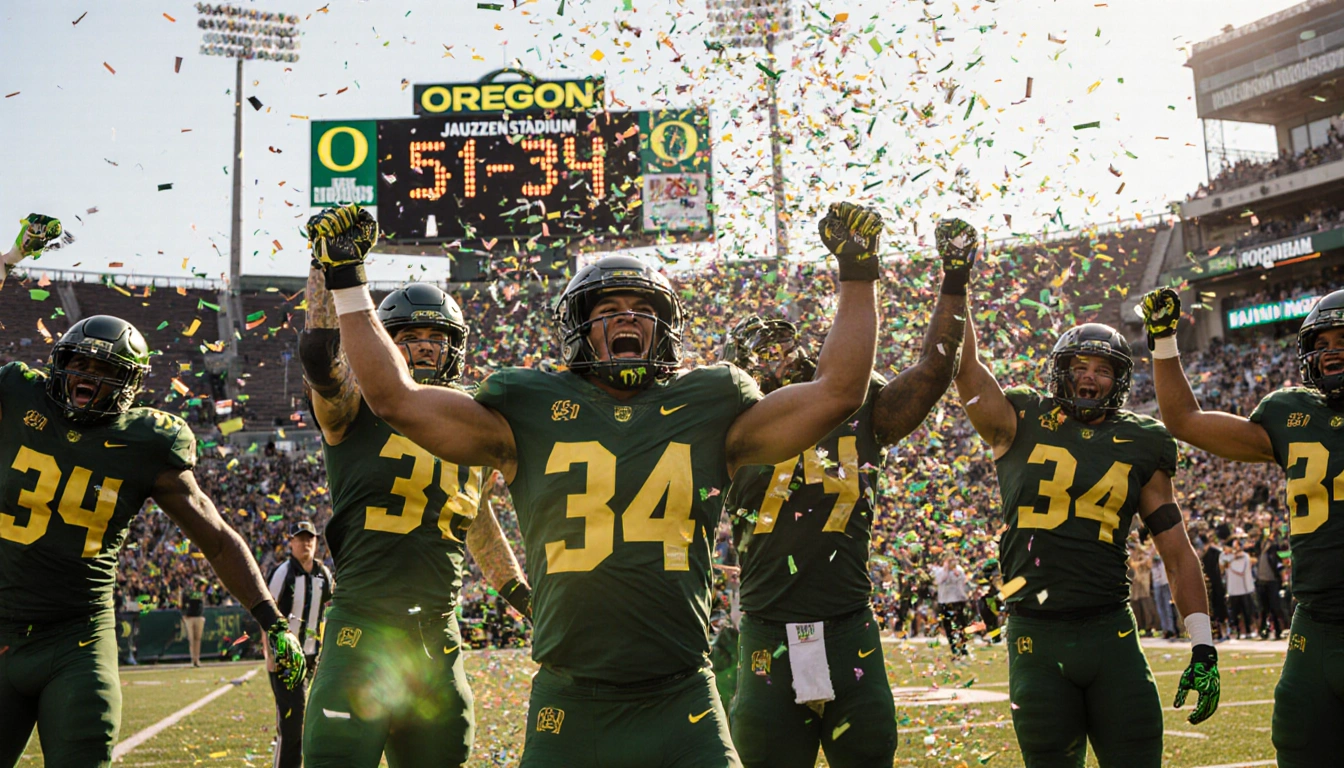 Oregon football players celebrating victory with confetti and a scoreboard showing 51-34 at Autzen Stadium on a sunny day