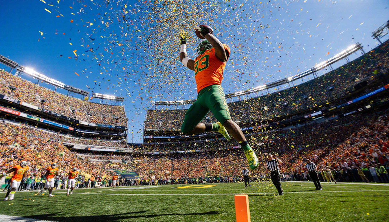 Oregon Ducks player leaps with football while confetti explodes and orange fans cheer