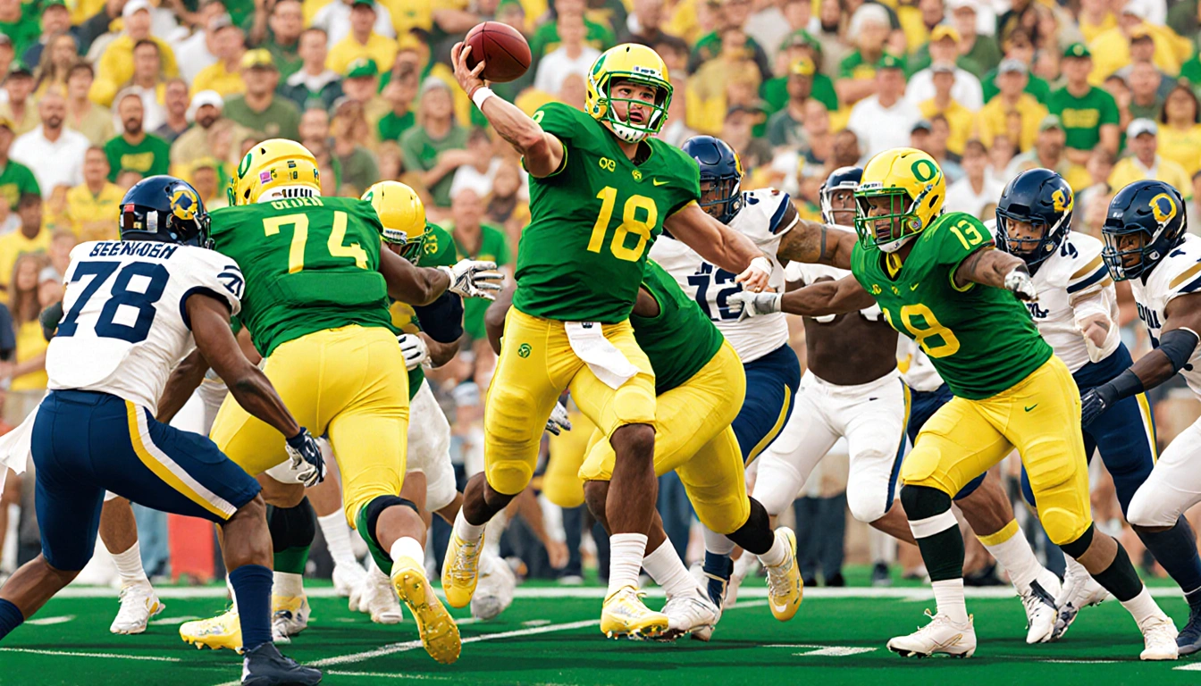 Oregon Ducks football offense rushing through James Madison defense with quarterback throwing passes and linemen blocking