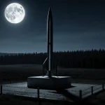 Oreshnik missile standing on concrete launchpad with moonlit Belarusian countryside and barbed wire