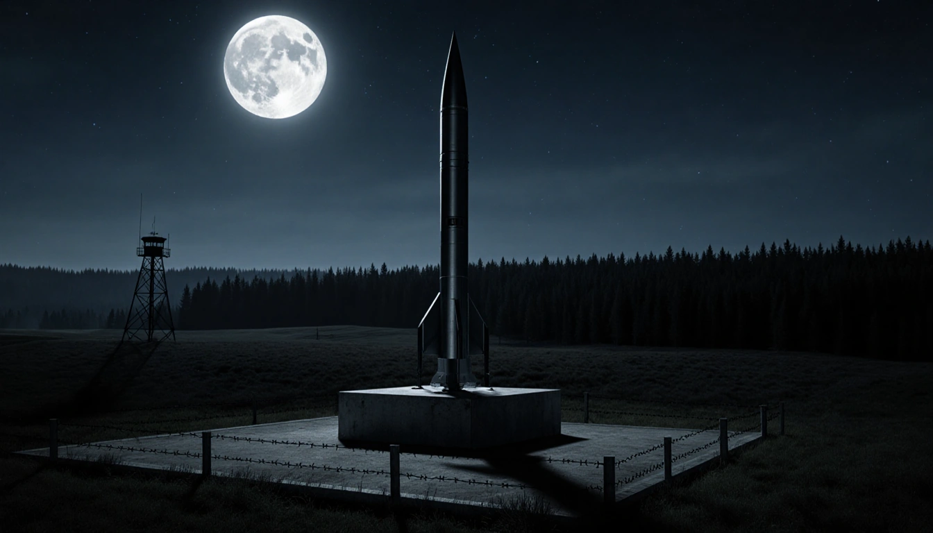 Oreshnik missile standing on concrete launchpad with moonlit Belarusian countryside and barbed wire
