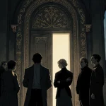 Five Europeans standing around a grand ornate door with a faint glow inside and city skyline at dusk