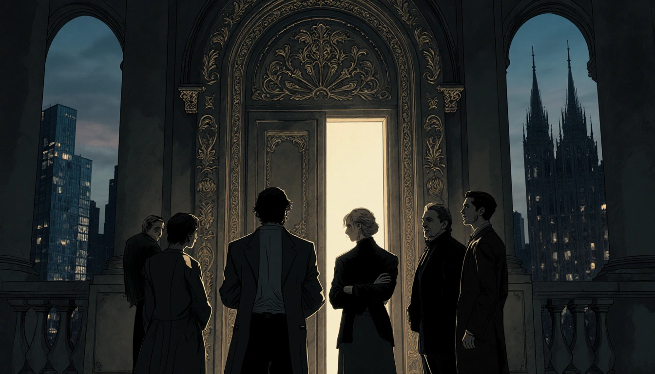 Five Europeans standing around a grand ornate door with a faint glow inside and city skyline at dusk