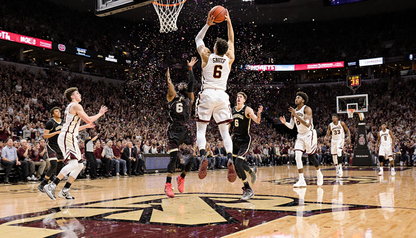 Oscar Cluff dribbling basketball mid‑air with three‑pointer and Braden Smith celebrating as confetti rains over Purdue bench