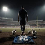 Osman Bukari walking away from Austin FC stadium with a worn jersey on the ground and scattered soccer balls nearby