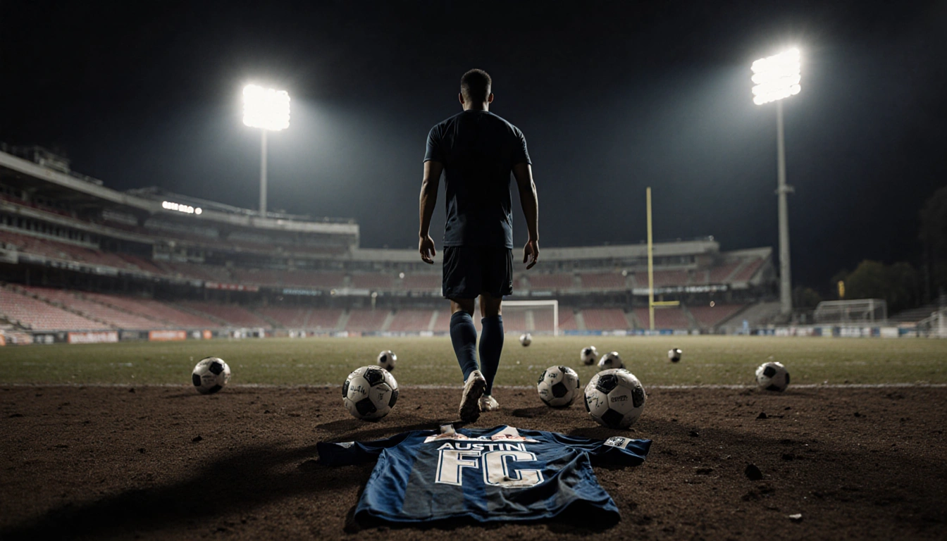 Osman Bukari walking away from Austin FC stadium with a worn jersey on the ground and scattered soccer balls nearby