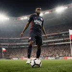 Osman Bukari celebrates a goal with the ball at his feet surrounded by green grass and Polish flags in a packed stadium