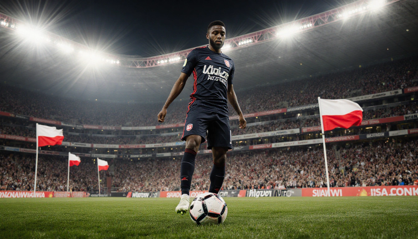 Osman Bukari celebrates a goal with the ball at his feet surrounded by green grass and Polish flags in a packed stadium