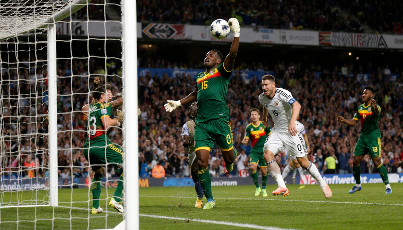 Oswin Appollis scores a winning soccer goal while celebrating in a packed stadium of South African and Zimbabwean fans.