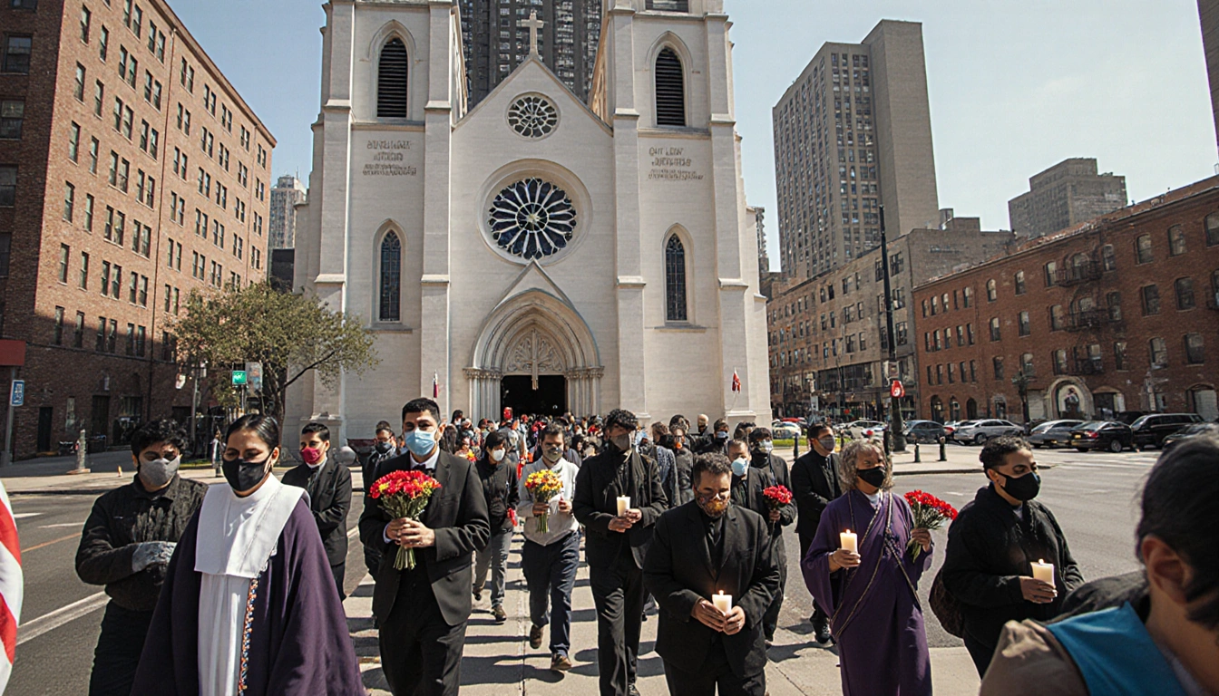 Parishioners entering Lady of Sorrows church with candles and flowers amid Queens skyscrapers Dominican textiles