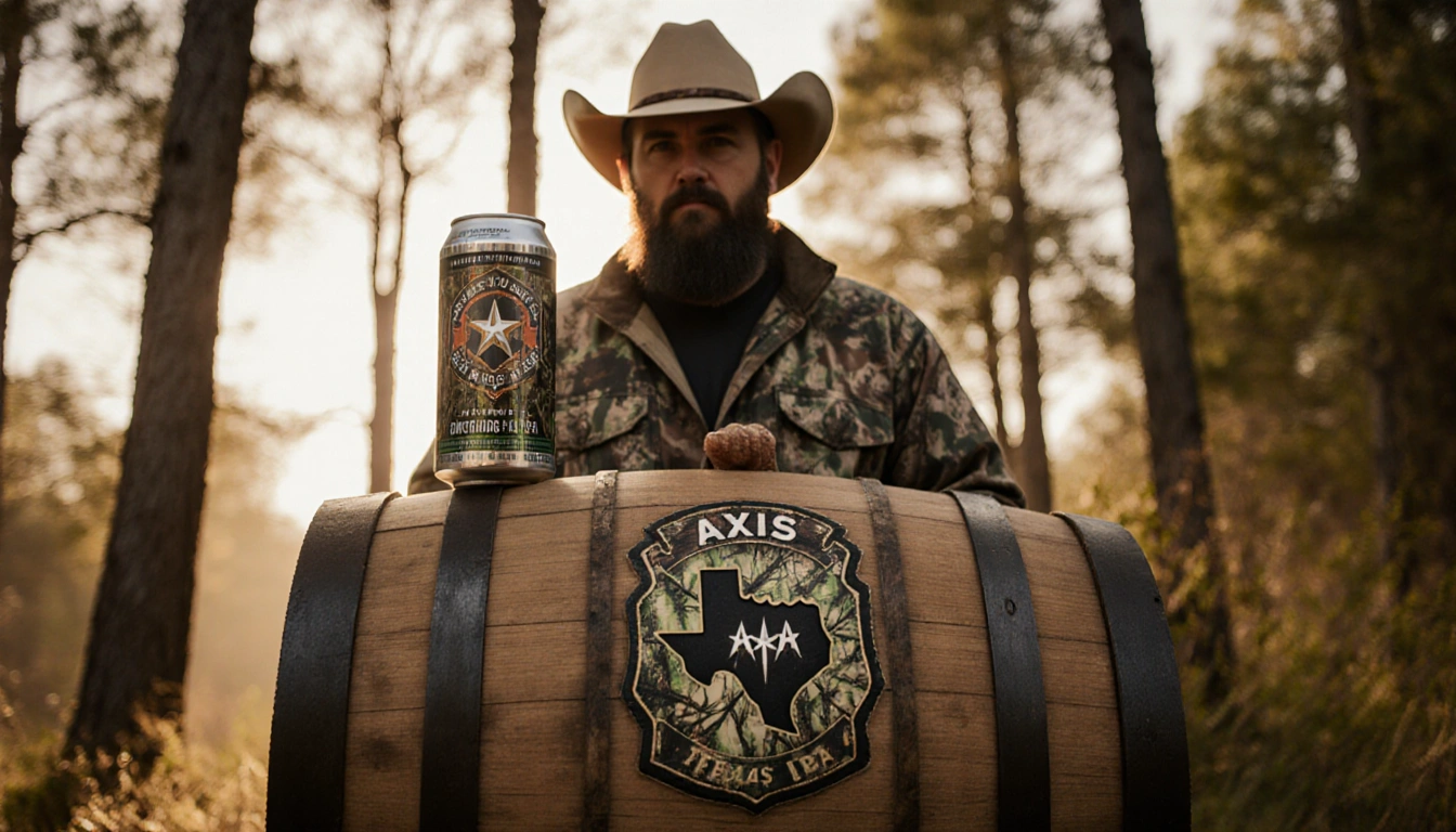 Outdoorsman standing proudly with a wooden barrel bearing Texas hunter badge camo and a limited edition Axis IPA can