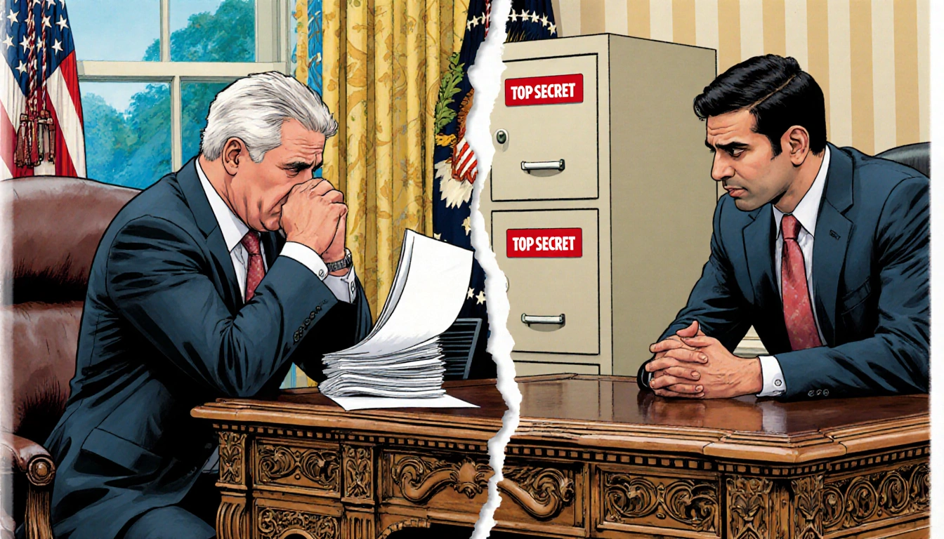 JD Vance holding papers with frustrated look and Kash Patel concerned Oval Office with opened file cabinet Top Secret