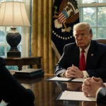 Susie Wiles Chief of Staff sits across from Donald Trump with arms crossed and golden light spilling from a window.