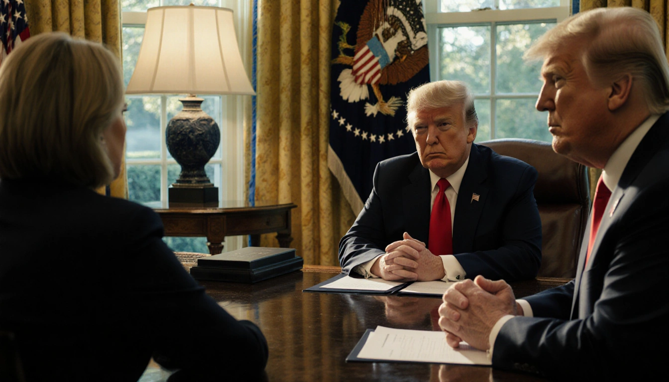 Susie Wiles Chief of Staff sits across from Donald Trump with arms crossed and golden light spilling from a window.