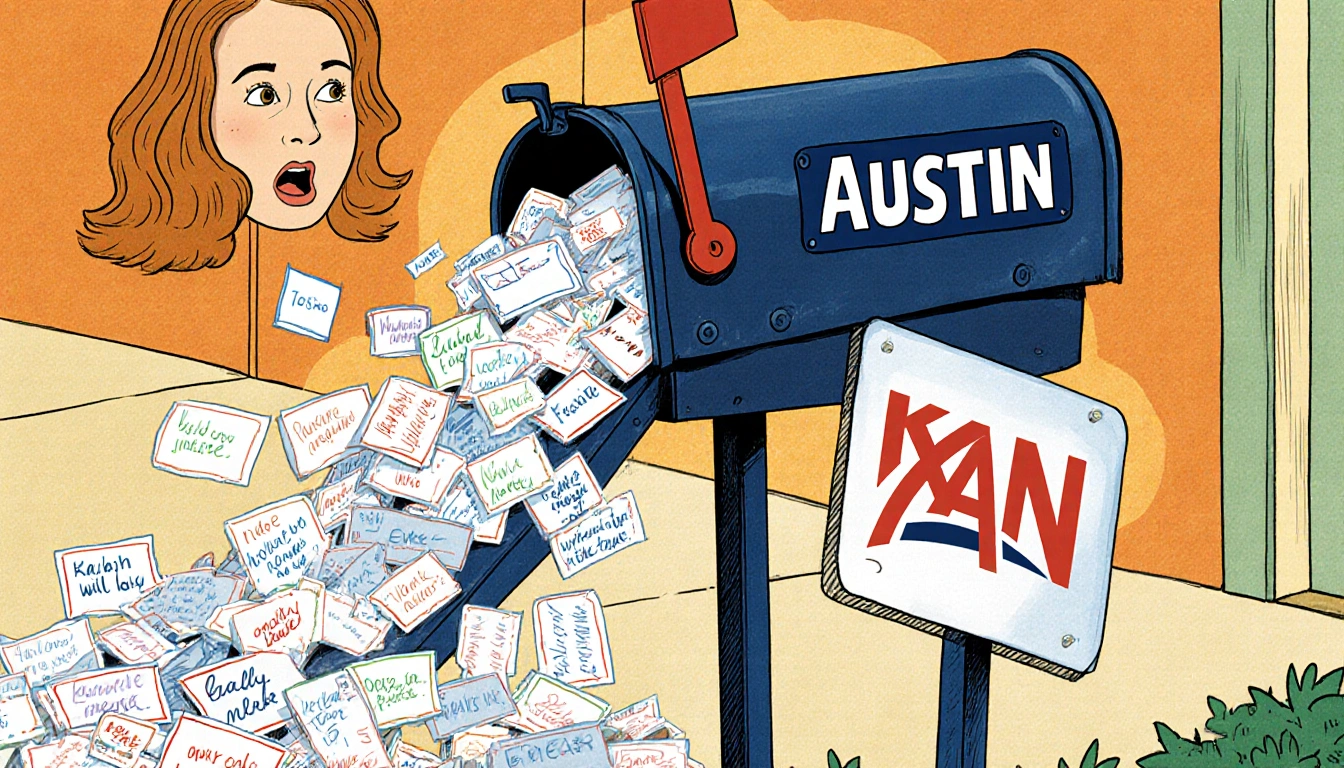 Overflowing mailbox spilling letters with KXAN Austin logo and holiday decorations nearby