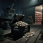 Crate spilling oysters onto wooden dock with moonlit warehouse behind showing lobster and crab