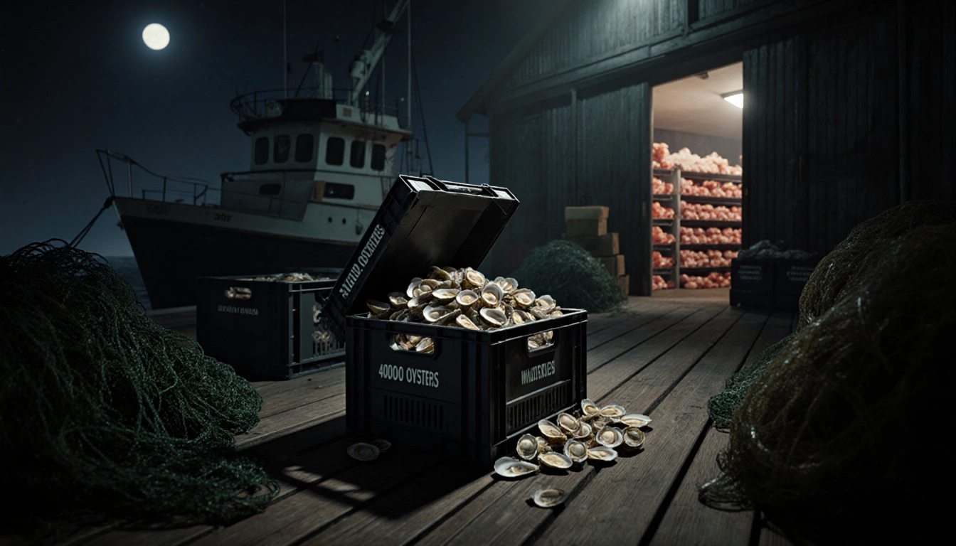 Crate spilling oysters onto wooden dock with moonlit warehouse behind showing lobster and crab