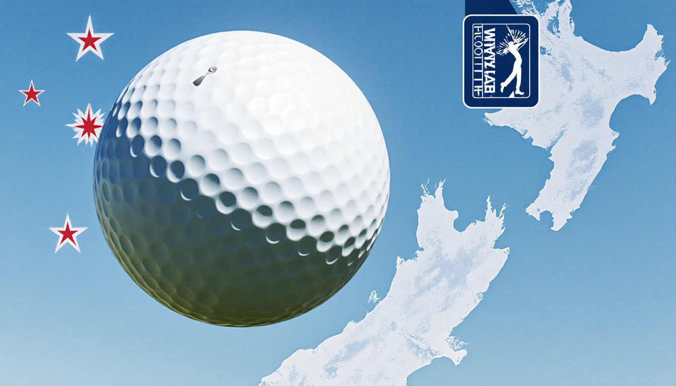 Golf ball soaring with triumph through bright sky with New Zealand flag background and globe frame and faint Hall of Fame log