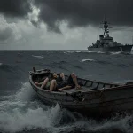 Damaged boat lying on crashing waves with a U.S. Navy destroyer looming behind and bodies slumped on the bow in a war scene.