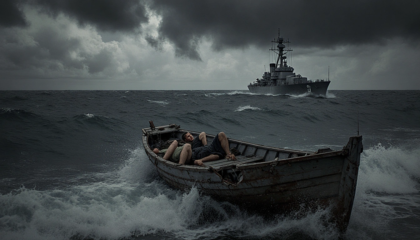 Damaged boat lying on crashing waves with a U.S. Navy destroyer looming behind and bodies slumped on the bow in a war scene.